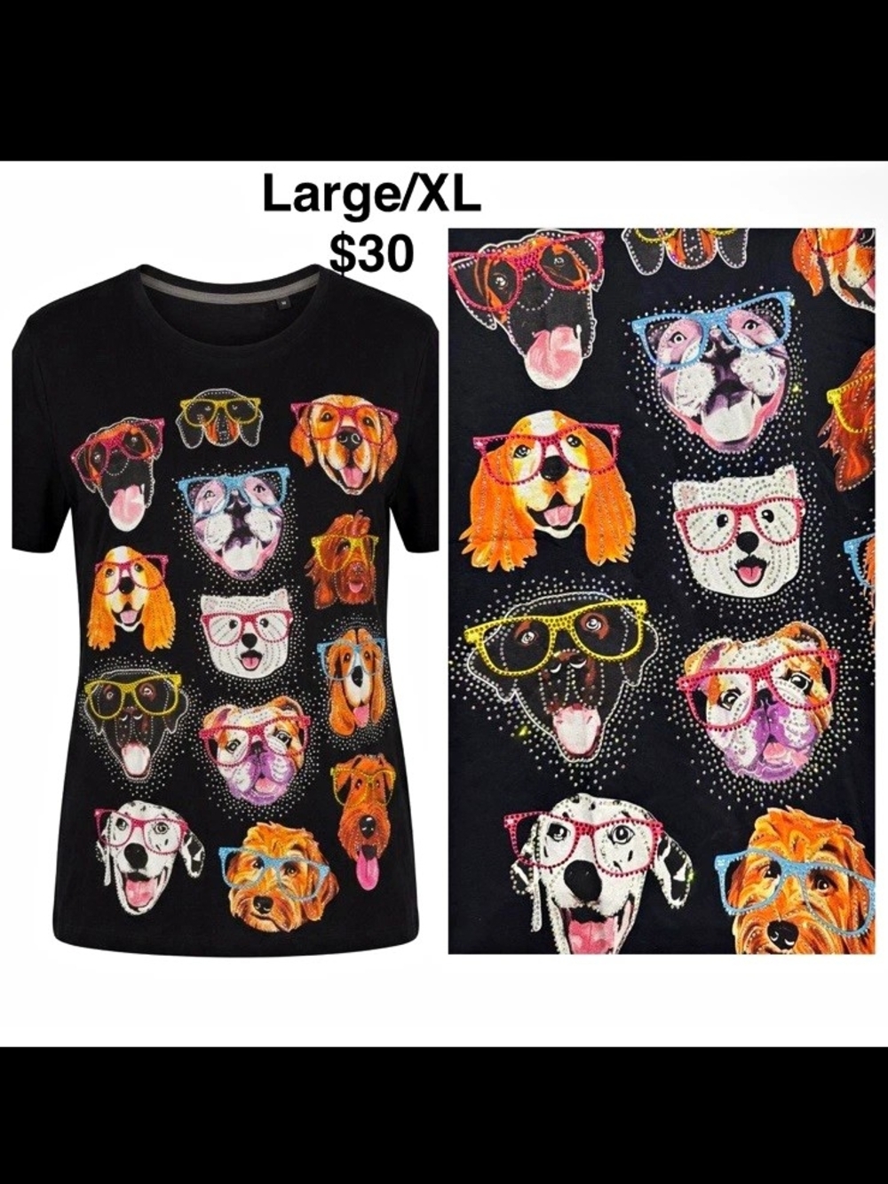 Women’s Dogs Graphic Print blingy Crew Neck Short Sleeve Black T-Shirt Size L/XL